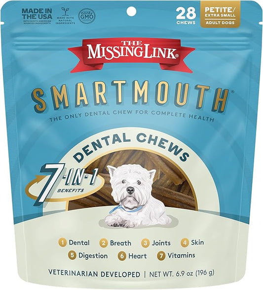 The Missing Link Smartmouth Vet Developed Dental Chew Treats, 7-in-1 Benefits: Healthy Teeth & Gums, Breath, Skin, Joints, Digestion, Heart, Immune System – Petite/XS 5-15lb Dogs, 28 Ct