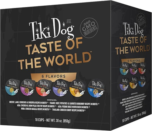 Tiki Dog Taste of The World Whole Food, Variety Pack of Gourmet International Flavors in Broth, Culinary Inspired High Protein and Moisture Rich Superfoods Wet Dog Food, 3 Oz Cups, Pack of 10