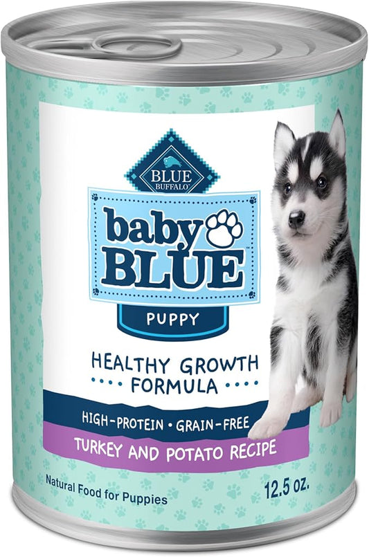 Blue Buffalo Baby BLUE Healthy Growth Formula Grain Free High Protein, Natural Puppy Wet Dog Food, Turkey and Potato Recipe 12.5-oz Cans (Pack of 12)