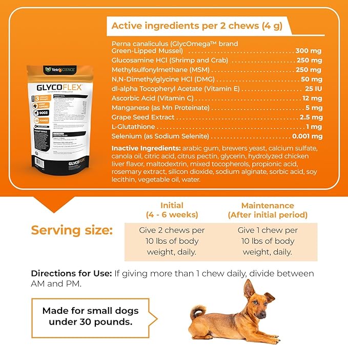 VetriScience Glycoflex 3 Clinically Proven Hip and Joint Support Supplement for Small Dogs - Maximum Strength Dog Supplement with Glucosamine, MSM, Green Lipped Mussel & DMG - 60 Chews,Chicken Flavor