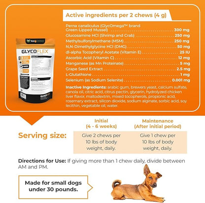 VetriScience Glycoflex 3 Clinically Proven Hip and Joint Support Supplement for Small Dogs - Maximum Strength Dog Supplement with Glucosamine, MSM, Green Lipped Mussel & DMG - 60 Chews,Chicken Flavor