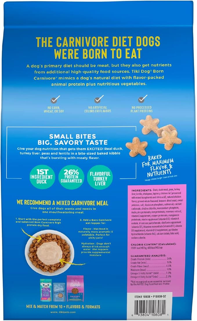 Tiki Dog Born Carnivore for Dogs, Savory Duck, Peas & Lentils Recipe, Grain Free Baked Kibble for Maximum Nutrition, For Adult Dogs and All Size Breed Dogs, 3.5 lbs Bag