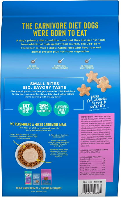 Tiki Dog Born Carnivore for Dogs, Savory Duck, Peas & Lentils Recipe, Grain Free Baked Kibble for Maximum Nutrition, For Adult Dogs and All Size Breed Dogs, 3.5 lbs Bag