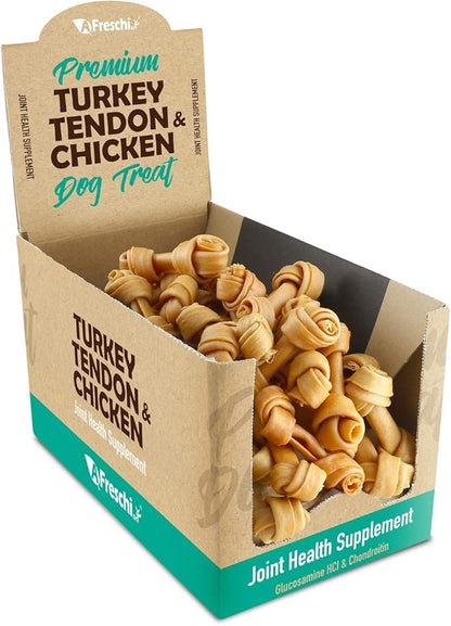 AFreschi Turkey Tendon and Chicken for Dogs, All-Natural Joint Health Supplement (Glucosamine and Chondrotin), Good for Senoir dog Chew, Puppy Treat, Hypoallergenic, Alternative to Rawhide (Small)