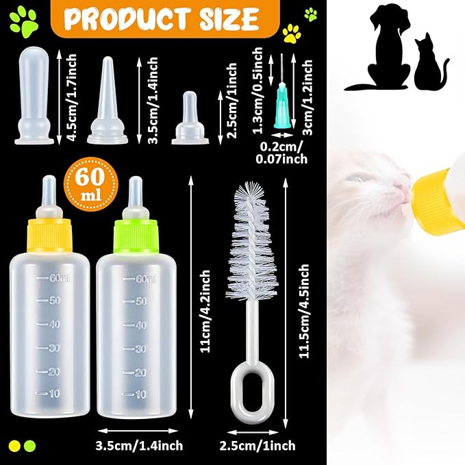 16 Pieces Pet Feeding Bottle Kit Kitten Bottles Kitten Milk Replacer Puppy Milk Feeder with Replacement Nipples Puppy Feeding Bottles for Newborn Small Animals Nursing Supplies (Yellow, Green)