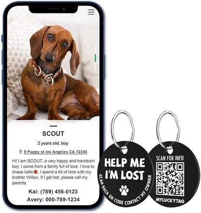 MYLUCKYTAG Stainless Steel QR Code Pet ID Tags Dog Tags - Pet Online Profile - Scan QR Receive Instant Pet Location Alert Email