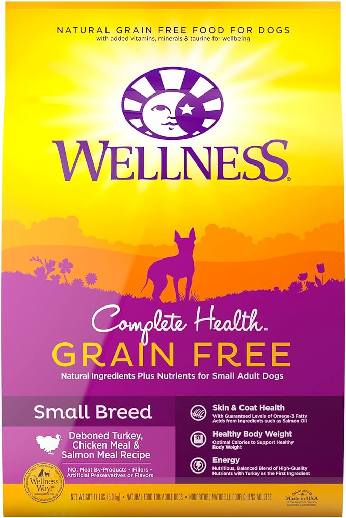 Wellness Complete Health Grain-Free Small Breed Dry Dog Food, Natural Ingredients, Made in USA with Real Turkey, For All Lifestages (Turkey, Chicken & Salmon, 11-Pound Bag)