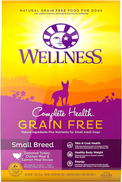 Wellness Complete Health Grain-Free Small Breed Dry Dog Food, Natural Ingredients, Made in USA with Real Turkey, For All Lifestages (Turkey, Chicken & Salmon, 11-Pound Bag)