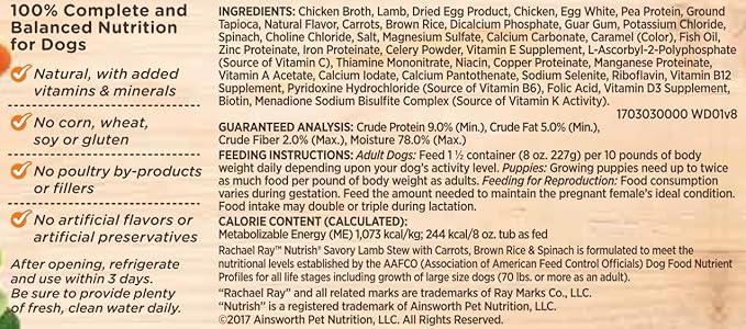 Rachael Ray Nutrish Premium Natural Wet Dog Food, Savory Lamb Stew Recipe, 8 Ounce Tub (Pack of 8)