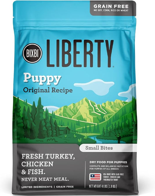 BIXBI Liberty Grain Free Dry Dog Food, Original Recipe Puppy, 4 lbs - Fresh Meat, No Meat Meal, No Fillers - Gently Steamed & Cooked - No Soy, Corn, Rice or Wheat for Easy Digestion - USA Made