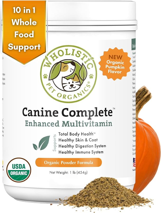 Wholistic Pet Organics Canine Complete: Organic Pumpkin Supplement for Dogs 1lb - Pumpkin Powder for Dogs - Fiber Supplement for Dogs - USDA Certified Organic - Supports Digestion, Heart & Gut Health