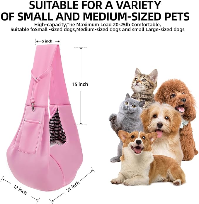 Dog Carrier Sling - Reversible Puppy Carrier Purse with Storage Pocket, Hand-Free Dog Sling Carrier for Carry Small Dogs and Cats，Travel Safety Harness, Dog and cat Harness (Pink)
