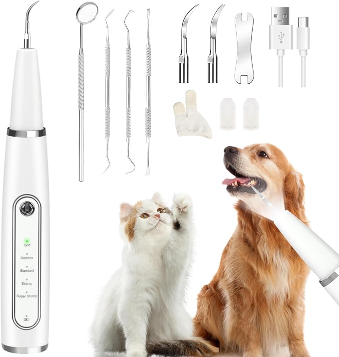 Plaque Remover for Teeth: Dog Teeth Cleaning Kit for Tartar Stains Removal Electric Pet Ultrasonic Tooth Cleaner with LED Light Finger Toothbrush Dental Care for Dog Cat 5 Modes (White)