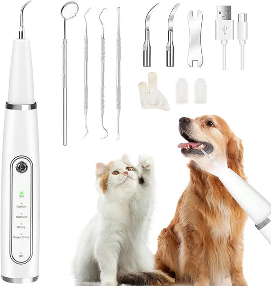 Plaque Remover for Teeth: Dog Teeth Cleaning Kit for Tartar Stains Removal Electric Pet Ultrasonic Tooth Cleaner with LED Light Finger Toothbrush Dental Care for Dog Cat 5 Modes (White)
