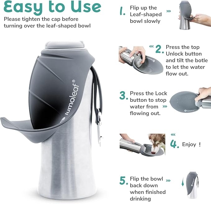 LumoLeaf Portable Dog Water Bottle 27 OZ, Stainless Steel Pet Travel Water Bottle Dispenser for Walking, Hiking and Outdoor, Portable Water Bowl for Large Dogs (Grey)