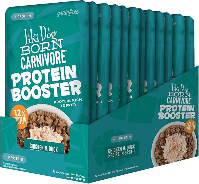 Tiki Dog Born Carnivore Protein Booster Dog Food Topper, Chicken and Duck Recipe in Broth, 2.1 oz. Pouch (12 Count)