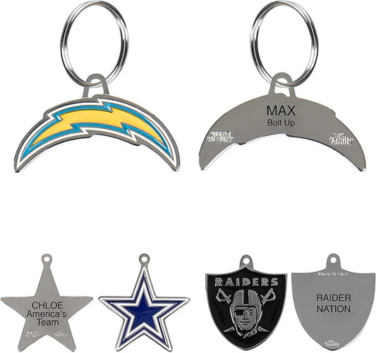 NFL Los Angeles Chargers Engraving Pet ID Tags in 32 Team Logo Shapes Personalized Dog Tags and Cat Tags with 3 Lines of Customizable Text for Tracking & Safety. Stainless Steel Pet ID Tracking Tags