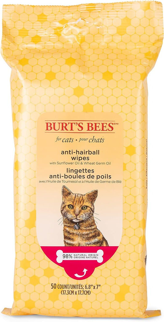 Burt's Bees for Pets Anti-Hairball Cat Wipes - Grooming Cat Wipes For Hairball Control - Cruelty Free, Formulated without Sulfates and Parabens, pH Balanced for Cats - Made in the USA, 50 Ct