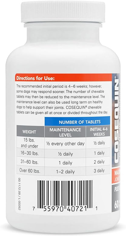 Nutramax Laboratories Cosequin Maximum Strength Joint Health Supplement for Dogs - With Glucosamine, Chondroitin, and MSM, 60 Chewable Tablets