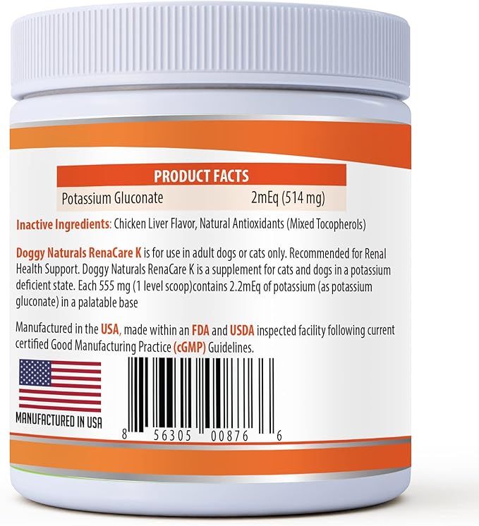 RenaCare K is for Renal K (Potassium Gluconate) Potassium Supplement Powder for Dogs and Cats, (4 oz) with Chicken Liver Flavor - 215 Level Scoop (Made is U.S.A)