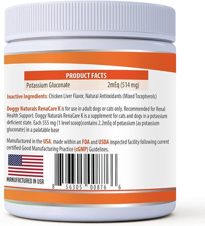 RenaCare K is for Renal K (Potassium Gluconate) Potassium Supplement Powder for Dogs and Cats, (4 oz) with Chicken Liver Flavor - 215 Level Scoop (Made is U.S.A)