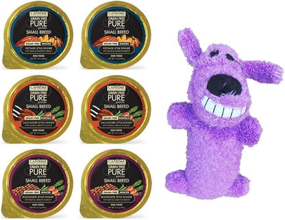 Pure Canidae Petite Grain Free Small Breed Dog Food 3 Flavor Variety 6 Can Sampler - (2) Each: Pottage Duck Pumpkin, Cacciatore Lamb Carrots, Bolognese Beef Carrots (3.5 Oz) - Plus Squeak Toy Bundle