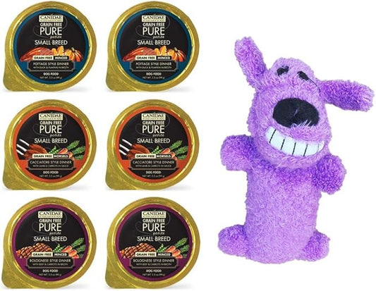 Pure Canidae Petite Grain Free Small Breed Dog Food 3 Flavor Variety 6 Can Sampler - (2) Each: Pottage Duck Pumpkin, Cacciatore Lamb Carrots, Bolognese Beef Carrots (3.5 Oz) - Plus Squeak Toy Bundle