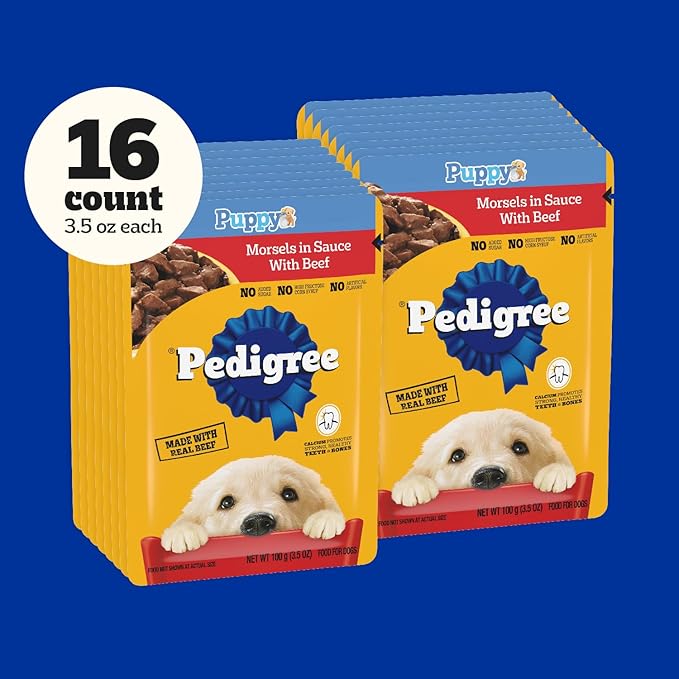 Pedigree Puppy Soft Wet Dog Food Morsels in Sauce with Beef, 3.5 oz Pouches, Pack of 16