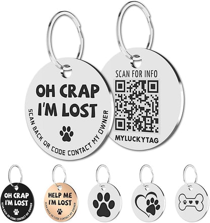 MYLUCKYTAG Stainless Steel QR Code Pet ID Tags Dog Tags - Pet Online Profile - Scan QR Receive Instant Pet Location Alert Email