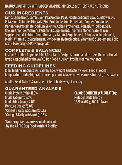 Instinct Limited Ingredient Diet Grain Free Real Lamb Recipe Natural Wet Canned Dog Food, 13.2 oz. Cans (Case of 6)