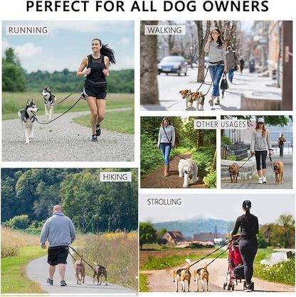 Hands Free Dog Leash Bungee Retractable Dog Running Waist Leash for Running Walking Jogging Training Hiking with Medium to Large Dogs, Adjustable Waist Belt Pouchouch, Reflective Stitches, Dual Handle