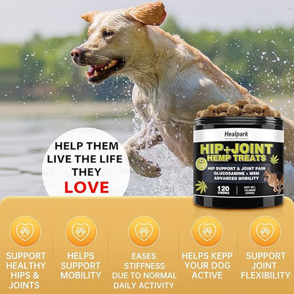 Hemp Hip and Joint Supplement for Dogs - Glucosamine for dogs - Chondroitin, Hemp Oil, MSM & Turmeric - Support Joint Mobility, Joint Pain Relief, Hip Dysplasia, Arthritis Health Care - 120 Chews