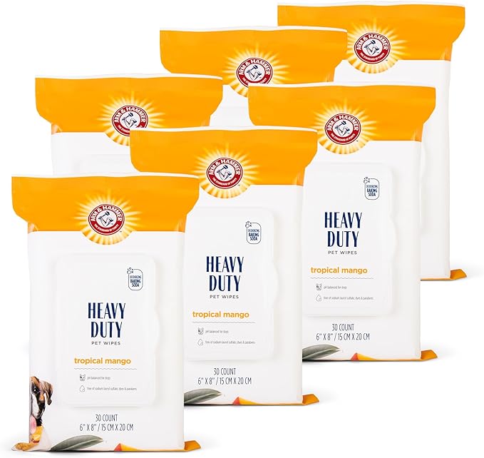 Arm & Hammer for Pets Heavy Duty Multipurpose Bath Wipes for Dogs, Travel Size, Mango Scent | All Purpose Dog Wipes Remove Odor & Refresh Skin for Pets | Travel Pet Wipes, 30 Count - 6 Pack