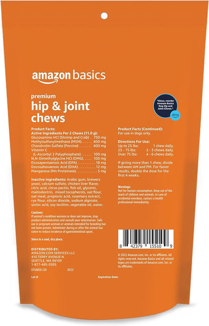 Amazon Basics Premium Dog Hip & Joint Supplement Chews with EPA and DHA, Chicken Liver Flavor, 120 Count (Previously Solimo)