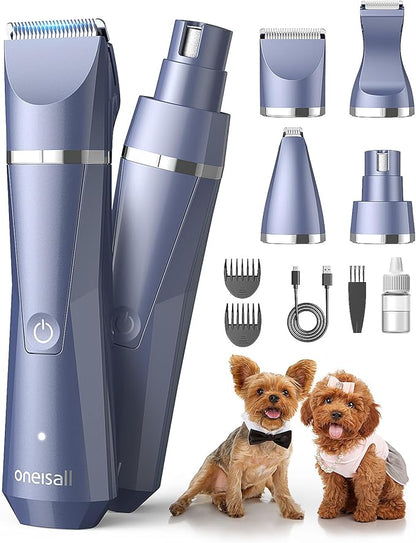 oneisall Small Dog Clippers Grooming Kit, 4 in 1 Quiet Cordless Dog Paw Trimmer & Nail Grinders,IPX7 Waterproof Dog Trimmers for Small Dogs