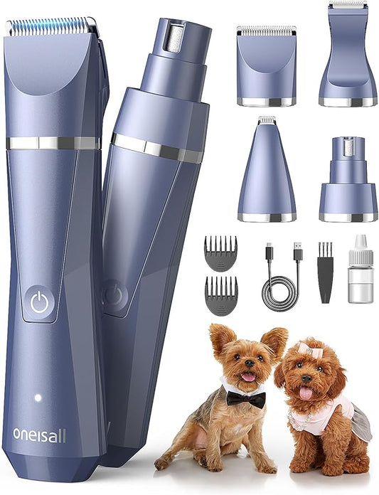 oneisall Small Dog Clippers Grooming Kit, 4 in 1 Quiet Cordless Dog Paw Trimmer & Nail Grinders,IPX7 Waterproof Dog Trimmers for Small Dogs