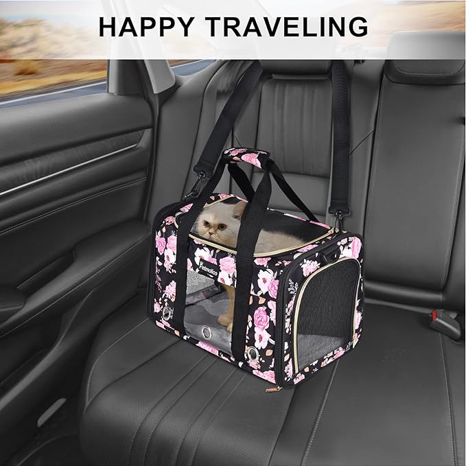 Petmolico Cat Carrier Dog Carrier, Soft Pet Travel Carrier with 3 Open Doors Mesh Windows for Cats Puppy 22 lbs, Pink Peony, Large