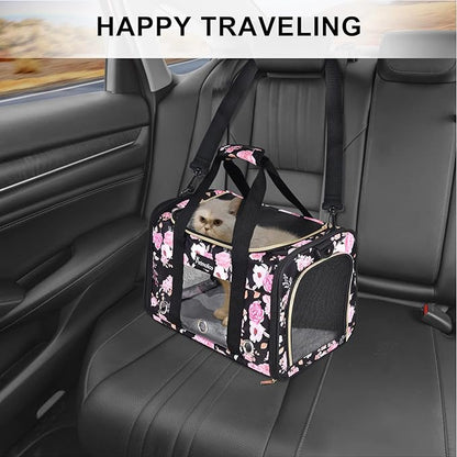 Petmolico Cat Carrier Dog Carrier, Soft Pet Travel Carrier with 3 Open Doors Mesh Windows for Cats Puppy 22 lbs, Pink Peony, Large