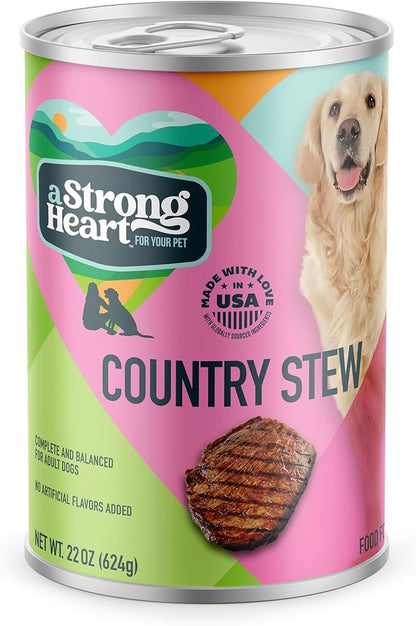 A Strong Heart Wet Dog Food, Country Stew - 22 oz Cans (Pack of 12), Made in The USA with Real Beef, Carrots & Peas