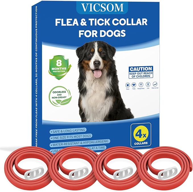 4 Pack Flea Collar for Dogs, Dog Flea and Tick Collar 8 Months Flea and Tick Prevention for Dog, Waterproof Adjustable Puppy Collar Natural Tick and Flea Collars for Small Medium Large Dogs, Red