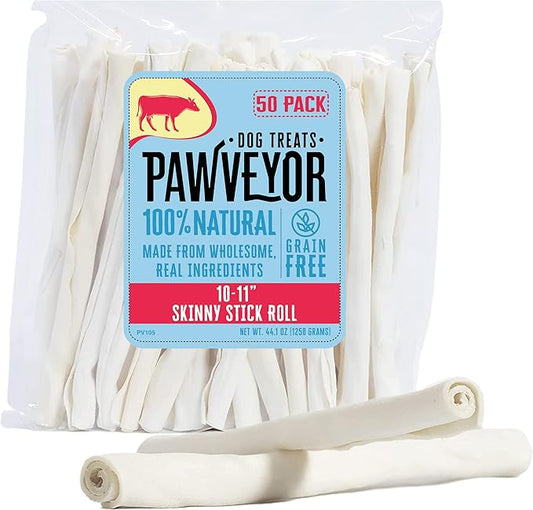 10-11" Skinny Stick Dog Rawhide Chews - Pack of 50 Long Lasting Rawhides for Dogs - All-Natural, Protein-Dense Beef Rawhide Bones for Small Dogs - Odor-Free and Great for Dental Health