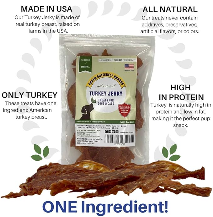 Dog Jerky Treats – Premium Turkey Breast – Dog Treats Made in USA Only. All Natural – Grain Free, No Preservatives – Turkey Jerky for Dogs & Cats – Irresistible Training Treat
