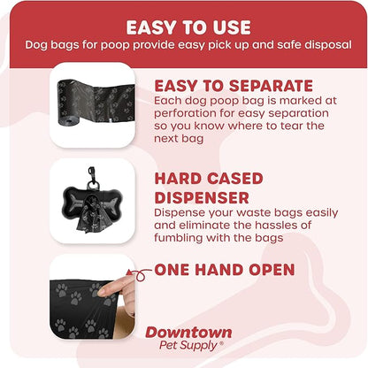 Downtown Pet Supply 180 Count Dog Poop Bags Refills with Leash Clip and Bone Bag Dispenser, Black with Paw Prints - Dog Waste Bags Unscented and Leak-Proof with Dog Poop Bag Dispenser - 12.5 x 8.5"