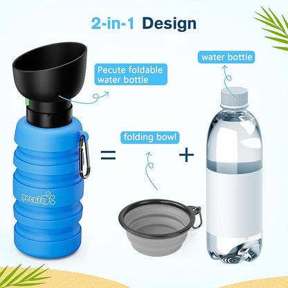 Pecute Dog Water Bottle Portable, 29oz Dog Foldable Water Bottle with Folding Bowl, Carabiner Clip, 5 Levels Capacity, 100% Food Grade Silicone, Dog Water Bottle for Outdoor Walking, Hiking, Travel