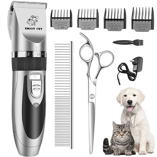 ENJOY PET Dog Clippers Low Noise Cat Shaver, Professional Dog Grooming Kit Rechargeable Cordless Pet Hair Clippers with 4 Comb Guides, Electric Quiet Pet Trimmer for Dogs Cats and Animals (Silver)