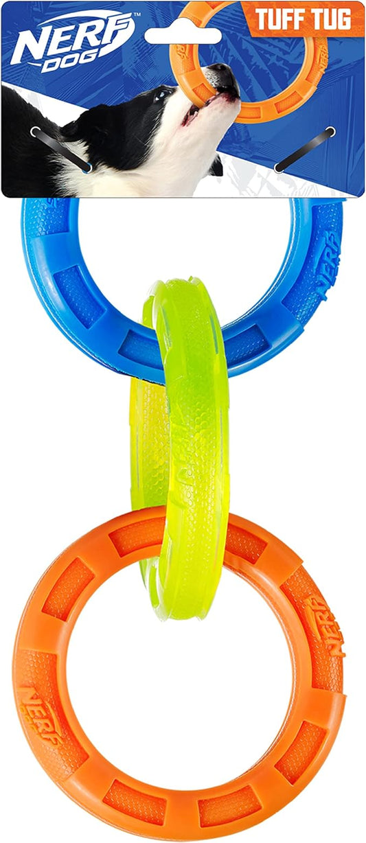 Nerf Dog 10.5in Rubber 3-Ring Tug Dog Toy, Lightweight, Durable and Water Resistant, Single Unit, Blue/Green/Orange