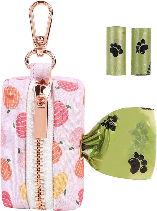 ARING PET Dog Waste Bag Dispenser, Cotton Doggy Poop Bags Holders Attach to Any Leashes, Portable Washable Pumpkin Pattern Pet Waste Pouch Dispenser with Metal Zipper