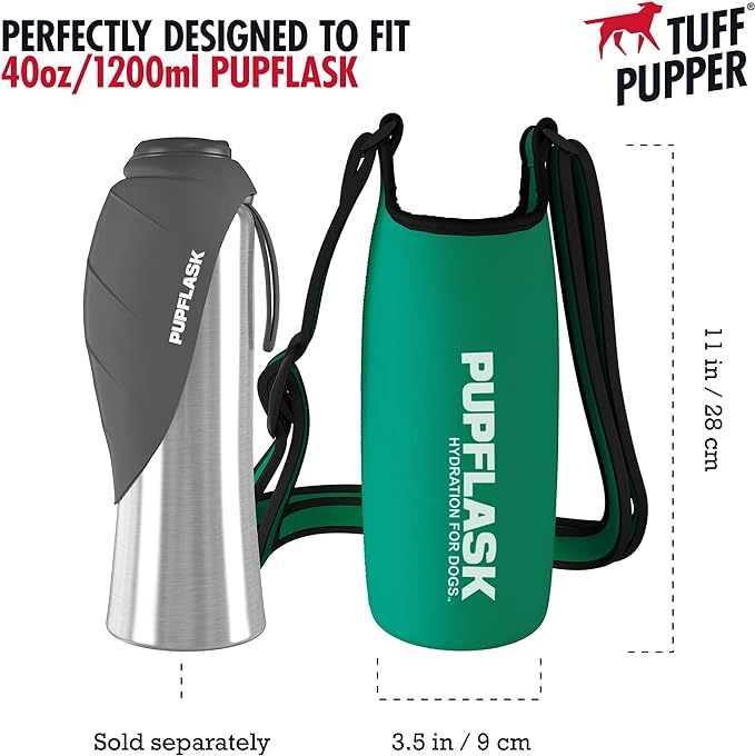 Tuff Pupper PupFlask Insulated Neoprene Dog Water Bottle Holder Sling with Wide Adjustable Shoulder Strap, Great for Travel, Walking, Hiking, Portable Pet Water Bottle Holder (40 OZ, Quetzal Green)
