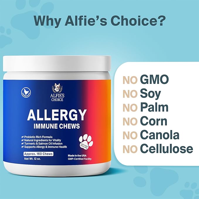 ALFIE'S CHOICE Dog Allergy Relief Chews - Allergy & Itch Relief Dogs Support Supplement, Probiotic Blend with Salmon Oil & Turmeric - Chicken Flavor Dog Allergy Chews Itchy Skin, 12 oz, Appx 160 Count