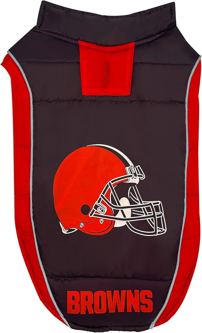 NFL Cleveland Browns Puffer Vest for Dogs & Cats, Size Small. Warm, Cozy, and Waterproof Dog Coat, for Small and Large Dogs/Cats. Best NFL Licensed PET Warming Sports Jacket